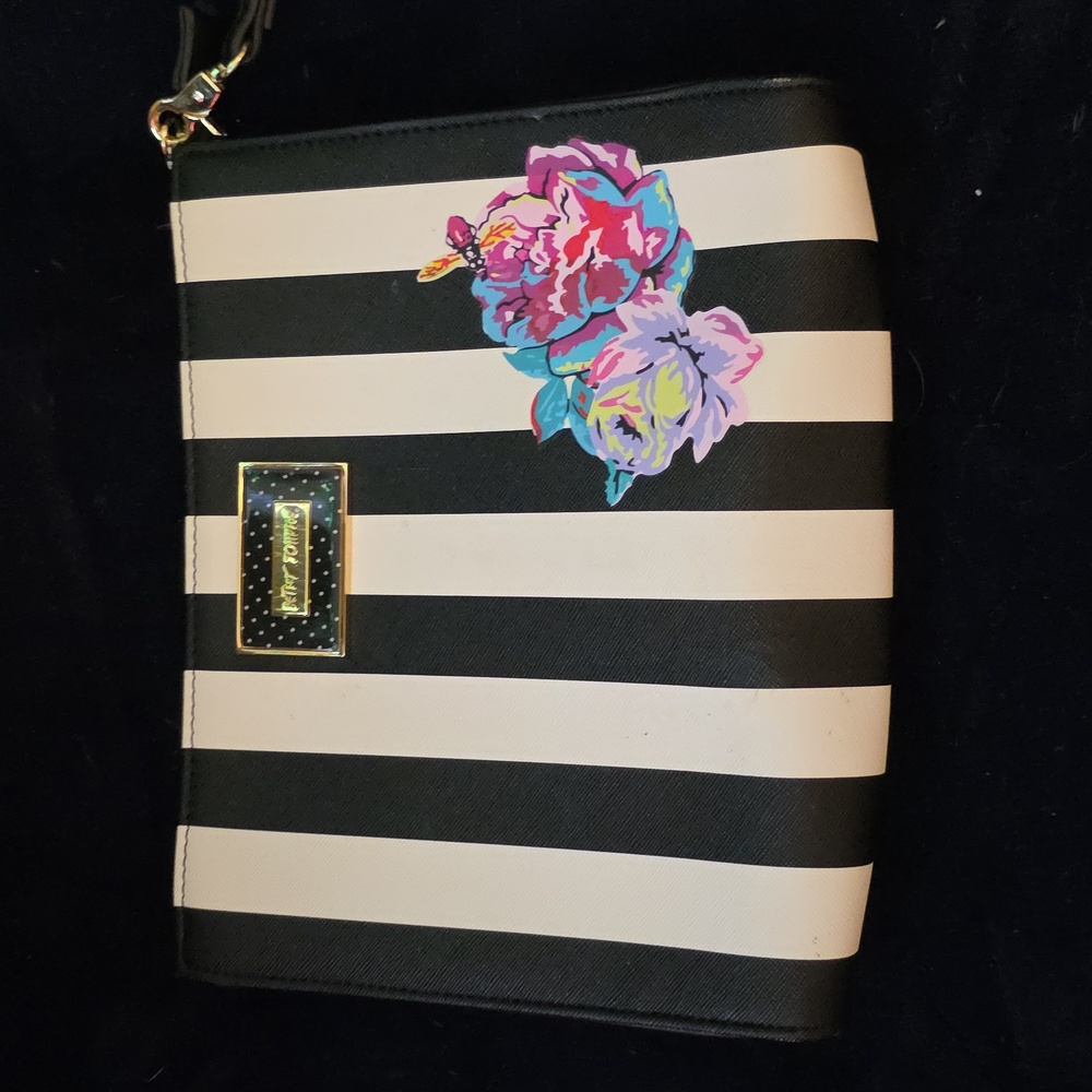 Betsey Johnson Large Striped Clutch Back & White